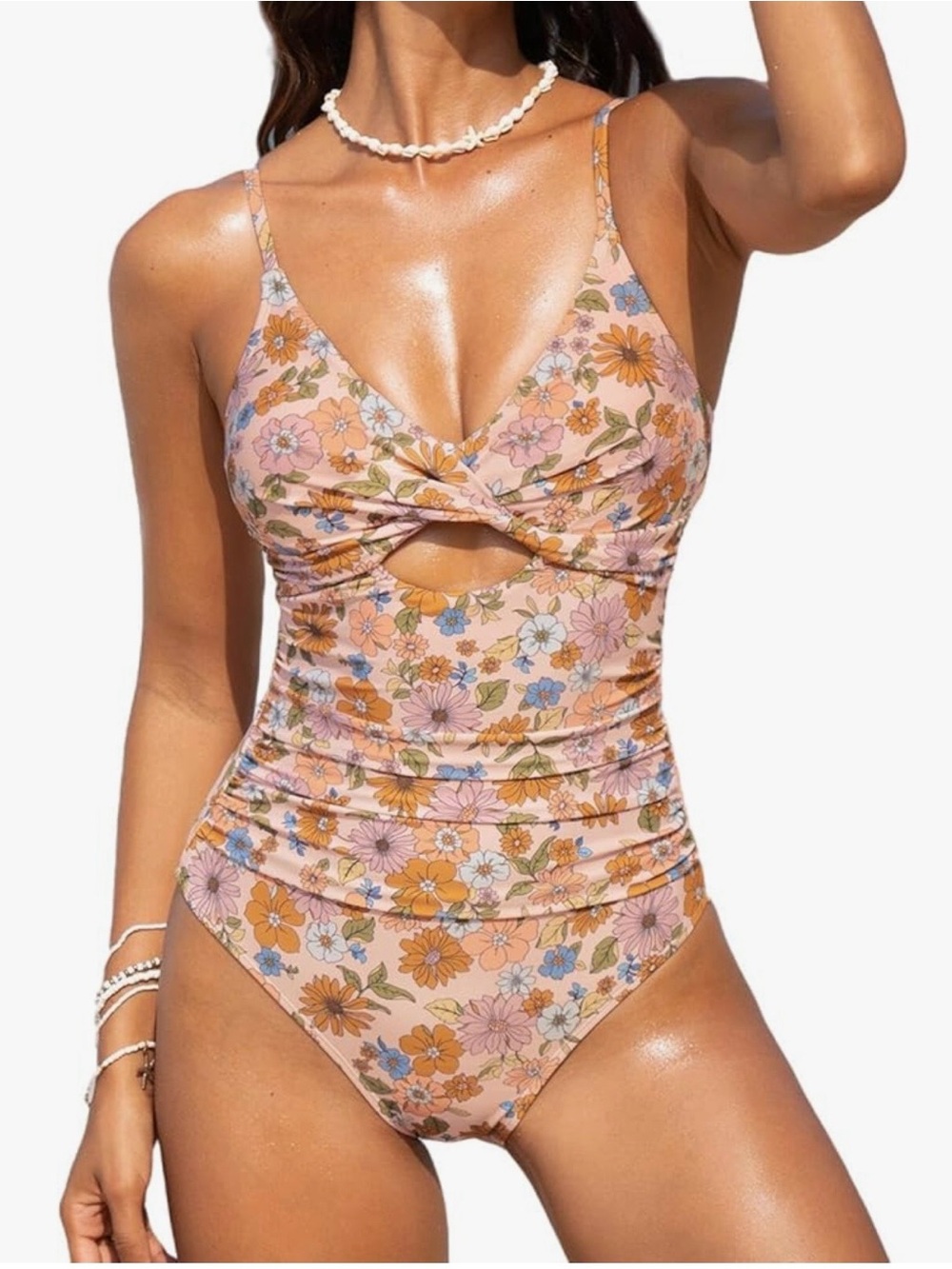 Cupshe Peach Floral Twist-Front One-Piece Swimsuit NWT - Large